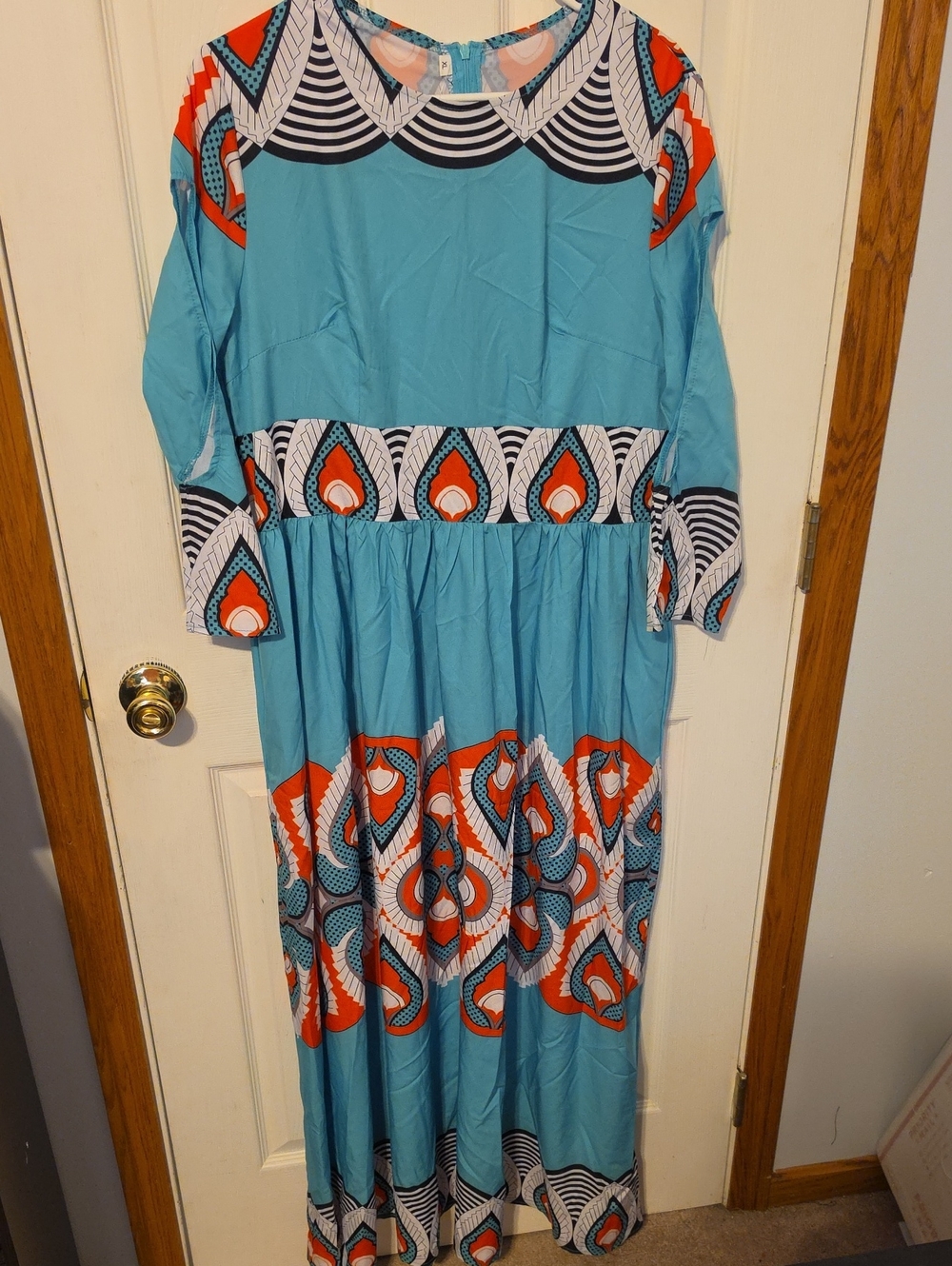 Green (Pics Make It Look Blue) and Orange Patterned Long Sleeve Maxi Dress XL